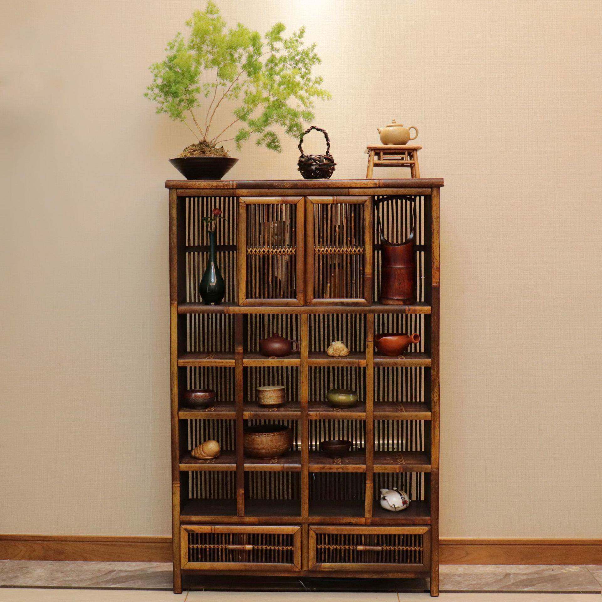 复古竹制墙边柜多宝阁置物架茶棚博古架禅意茶具收纳架子茶柜包邮