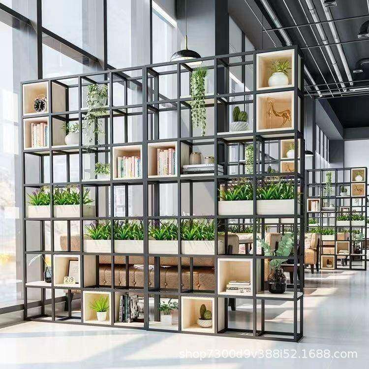 美式铁艺置物架落地办公室屏风隔断展示架客厅实木书架轻奢展示柜