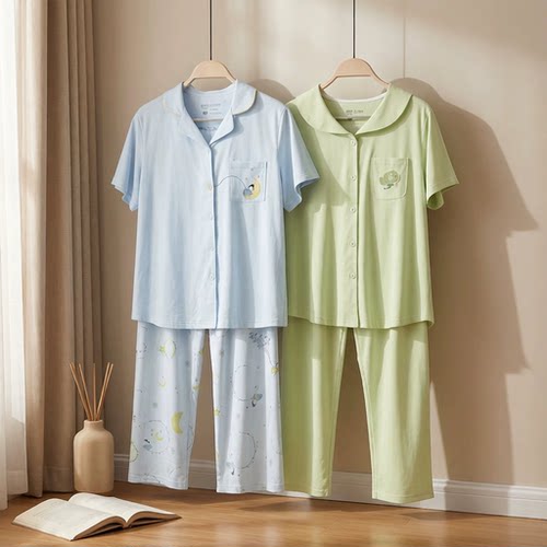 香蜜闺秀25203019睡衣女夏季薄款棉质短袖长裤休闲家居服套装舒适
