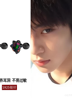 夜王 | S925银高定黑七彩龙爪耳钉男养耳洞高级感闪钻耳环男耳饰