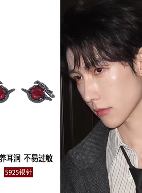夜王 | S925银秦彻绯红乌鸦耳钉男小众高级感锆石耳环养耳洞耳饰