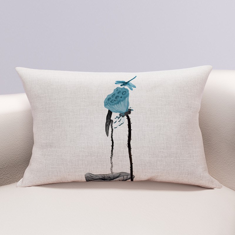 新中式长方形抱枕靠垫中国风红木沙发客I厅米色荷花禅意棉麻靠背