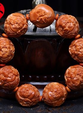 橄榄核手串荷叶八宝财神核雕纯z手工雕刻文玩把件八方来财手链男