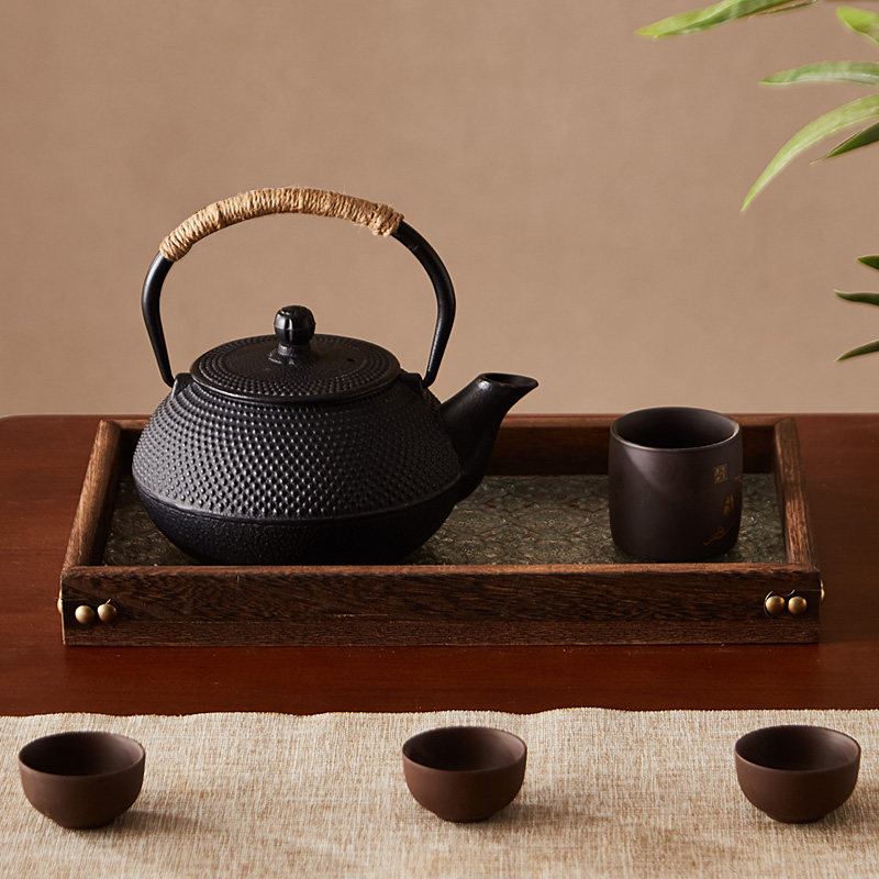 实木海棠压花玻璃托盘蛋糕点心餐盘家用放茶杯茶具茶盘杯子长杯托