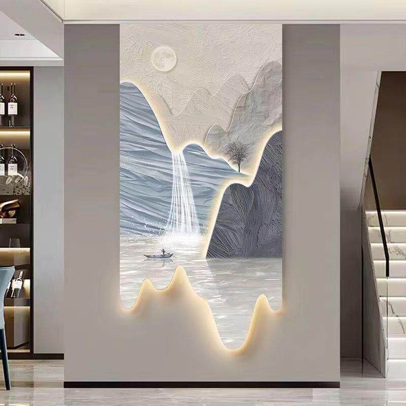 现代轻奢玄关装饰画创意个性山水LED灯画入户门走廊过道尽头挂画