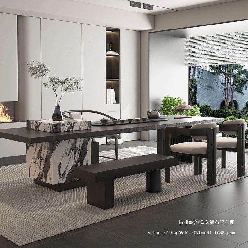 现代极简桌椅茶桌中式实木大板办公室设计师意式轻奢岩板茶台组合