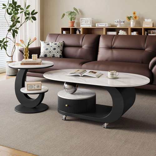 意式岩板茶几客厅移动家用椭圆形小户型新款现代简约轻奢组合