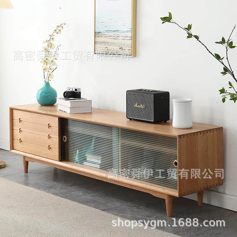 北欧樱桃木电视柜小户型客厅日式实木视听柜现代简约玻璃门落地柜