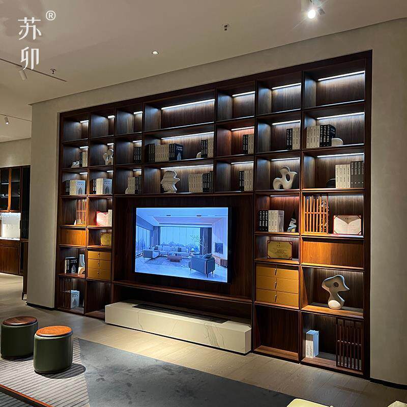 苏卯新中式实木整墙书柜落地柜新中式展示柜一体家用客厅电视柜