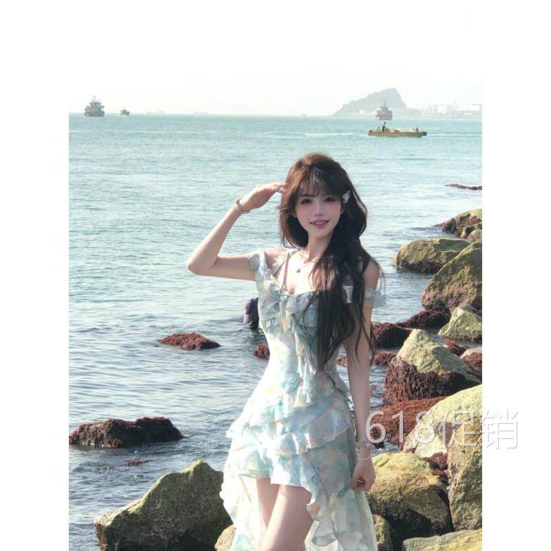 薄暮之海夏季收腰显瘦设计甜美小清新碎花荷叶边辣妹吊带洋装女