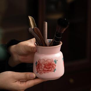 粉汝汝窑牡丹花茶道六君子套装茶道筒高档泡茶工具茶夹茶勺养壶笔