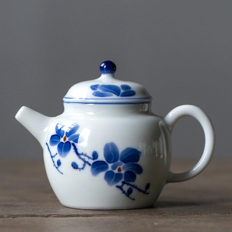 火宴烽 手绘玉兰茶壶 陶瓷功夫小号冲泡茶器家用手工复古蓝色单壶