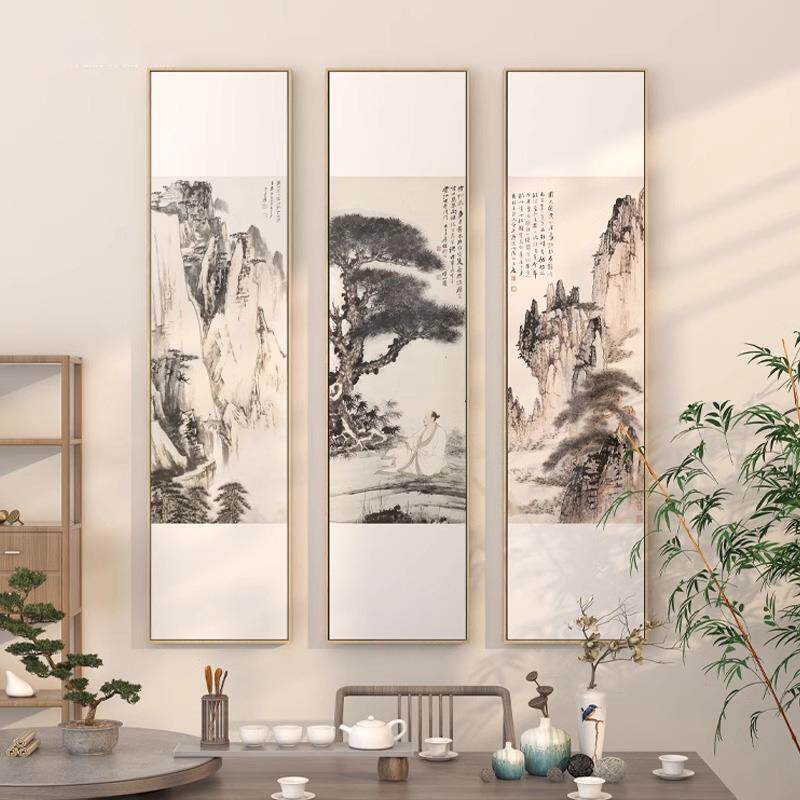 新中式茶室客厅三联装饰画迎客松挂画竖版入户玄关水墨山水墙壁画