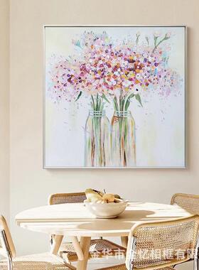 纯手绘粉红蓝色调餐厅花卉装饰画立体唯美式艺术油画女孩卧室挂画