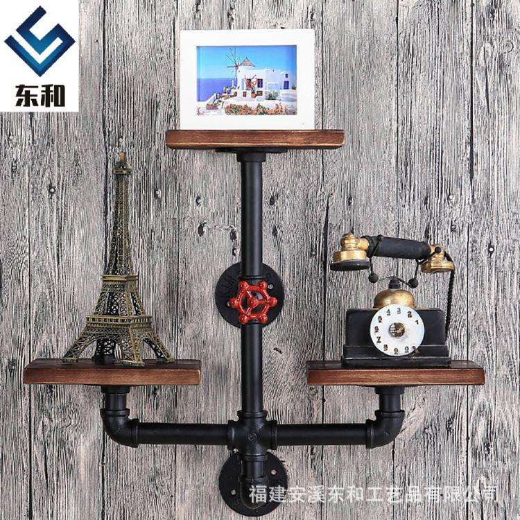 美式 复古工业风实木铁艺水管书架 客厅酒吧墙上一字隔板置物架