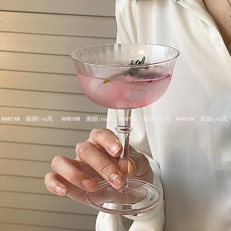 ins竖条纹高脚玻璃杯子冰美式拿铁咖啡杯鸡尾酒杯葡萄酒杯红酒杯