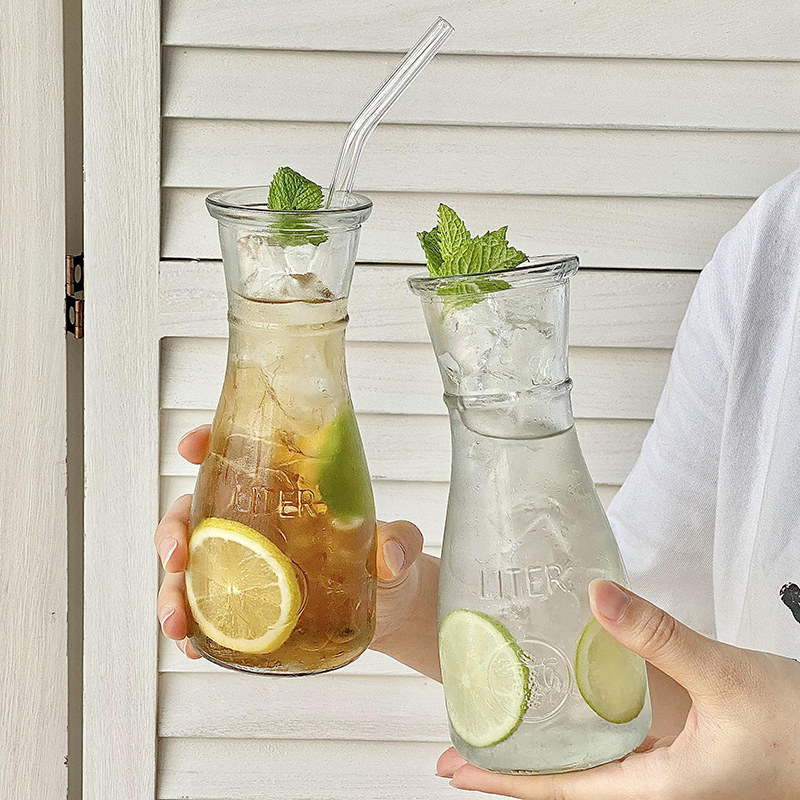 简约ins玻璃水果茶瓶大容量冰桔瓶果汁杯冷饮杯鸡尾酒柠檬冰茶瓶