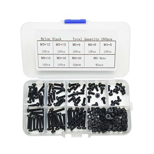 160pcs/盒 尼龙塑料螺丝盒装M3圆头十字螺丝塑胶螺钉绝缘螺栓套盒