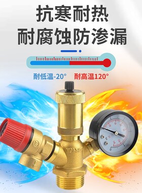 两联供锅炉地暖空气能泄压安全组件自动排气阀水箱一体阀压力表铜