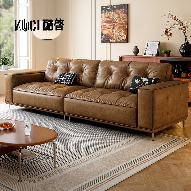 中古风久伴沙发法式复古油蜡x真皮沙发小户型棕色直排头层牛皮沙
