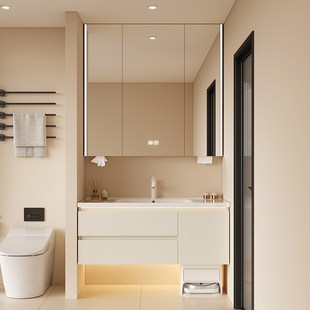 橡木浴室柜陶瓷一体盆扫地机基站卫生间洗手盆柜通顶W加高镜柜定