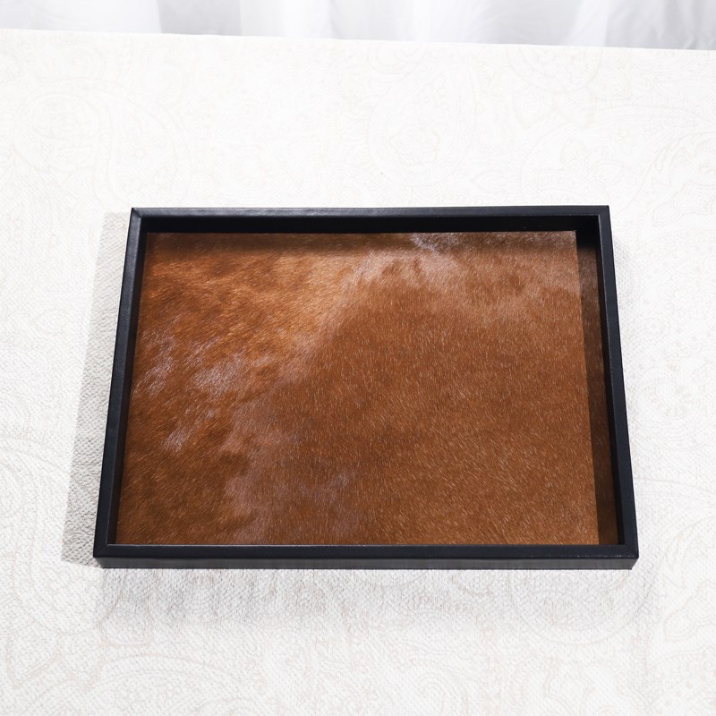 中古风黑色皮革包边o真皮马毛香薰托盘家居客厅茶几桌面摆件