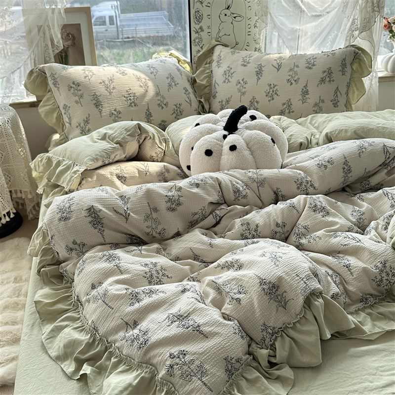 韩系复古少女田园风花边款水洗棉四件套床单宿舍P被套三件套床笠2