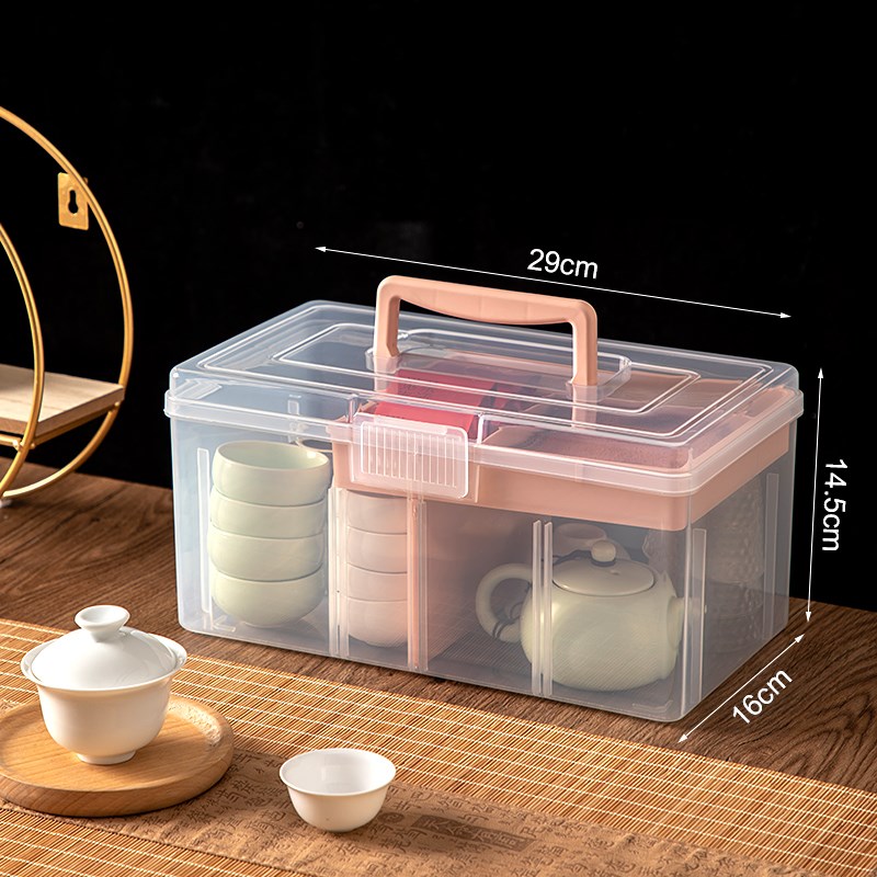 茶具收纳盒e手提式防尘透明多功能户外旅行便携桌面双层分格整理