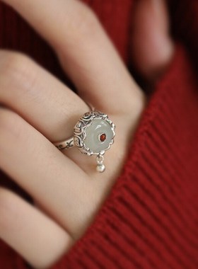 925银复古新中式旋转动戒指环唐草纹和J田玉莲花六字真言开口调节