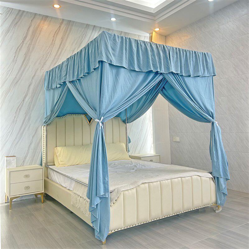 2025a金辉新款床帘可四柱不锈钢支架遮光加厚布料水洗棉两用床幔