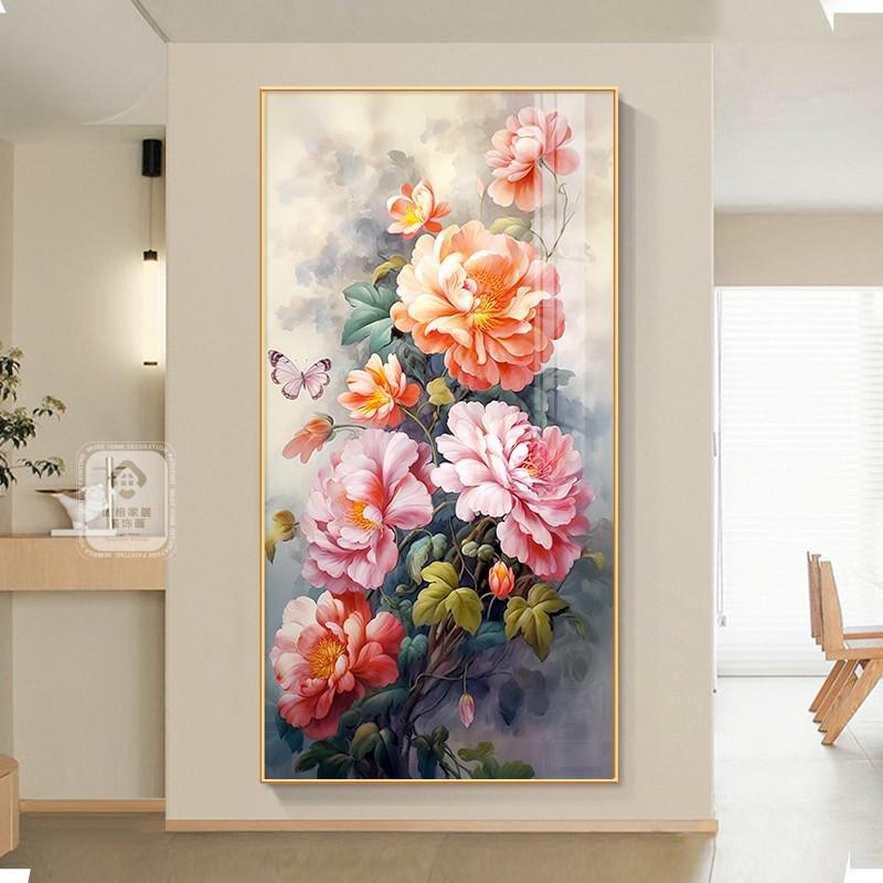 牡丹花入户玄关挂画客厅走廊过道壁画现代简约花开富贵竖版装饰画图片