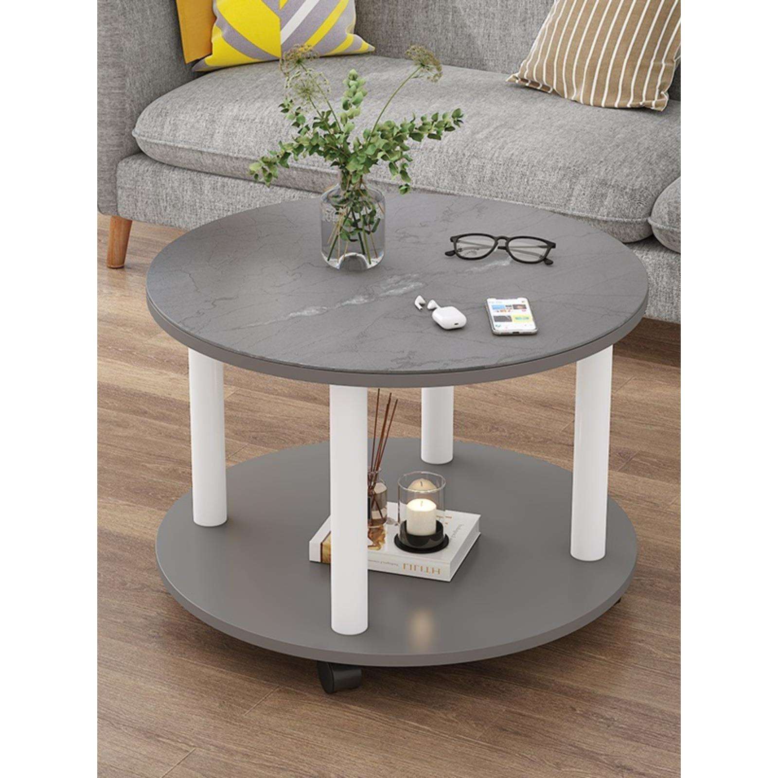 S*圆形岩板茶几小户型加带脚轮可移动客厅家用现代简约小茶几桌子