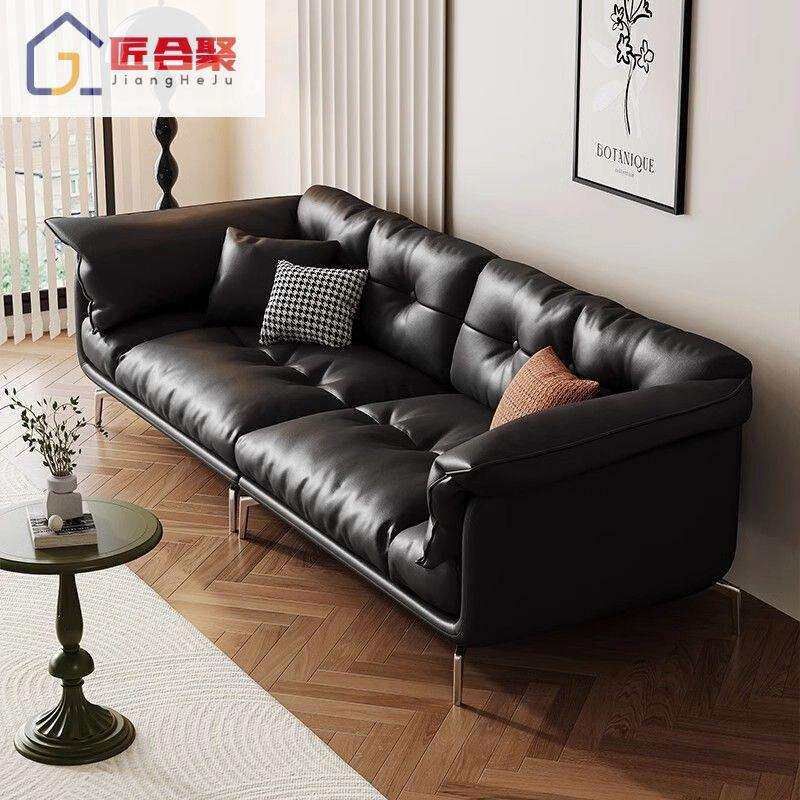 中古风油蜡皮沙发客厅小户型美式简约浮云沙发设计师直排皮艺沙发