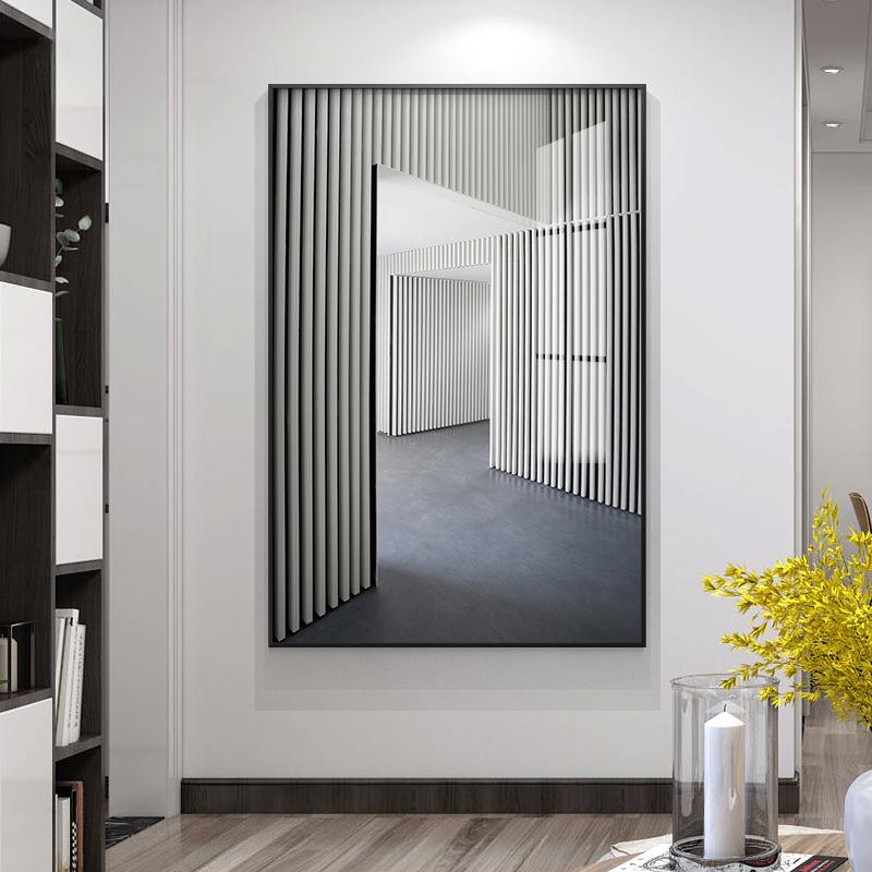 北欧玄关装饰画现代简约轻奢走廊尽头竖版挂画壁画抽象建筑落地画