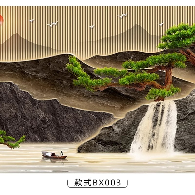 3D新中式茶g室墙纸客厅办公室酒店大厅背景壁布浮雕大气山水画壁
