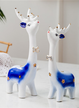 现代简约田园家居装饰品陶瓷x工艺品摆件情侣梅花鹿玄关电视柜摆