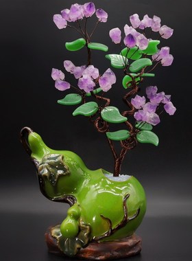 紫水晶发财树黄水晶摇钱树家居摆件客厅玄关酒柜R店铺开业乔迁送