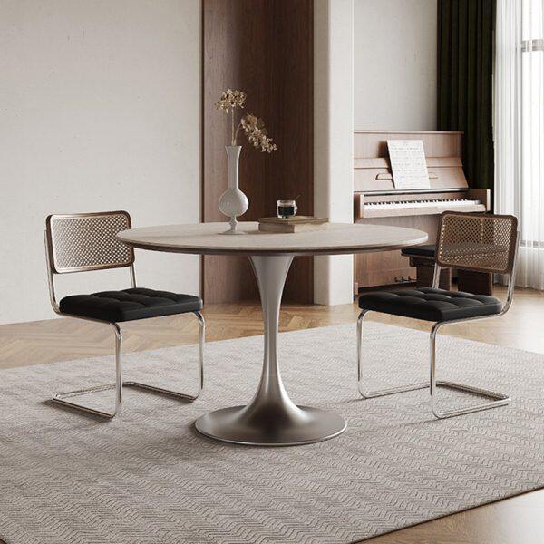 石洞中圆形岩板小户型郁金香饭桌圆餐桌洽谈桌椅组合家用圆桌古风