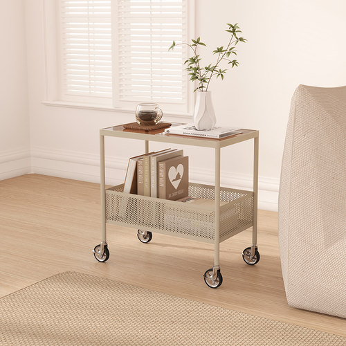 奶油风网红c客厅可移动带轮小推车边几玻璃小茶几卧室牀头铁艺边