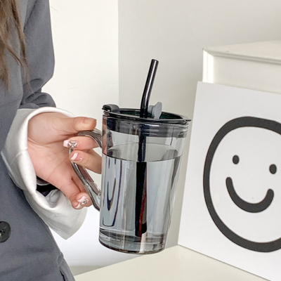 杯子男吸管玻璃杯办公室喝水杯带把手H牛奶杯家用宿舍女生泡茶杯