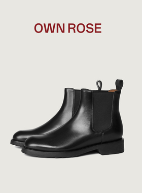 OWN ROSE切尔西靴女短靴真皮平底英伦复古头层牛皮黑色烟筒靴秋冬