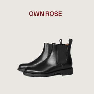 OWN ROSE切尔西靴女短靴真皮平底英伦复古头层牛皮黑色烟筒靴秋冬
