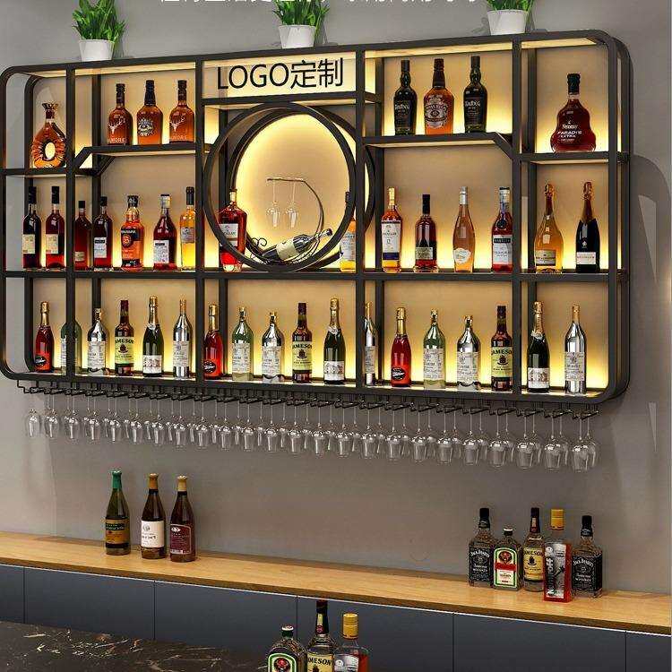 酒吧吧台酒柜壁挂餐厅墙上铁艺带灯展示架工业风酒架置物架轻奢风