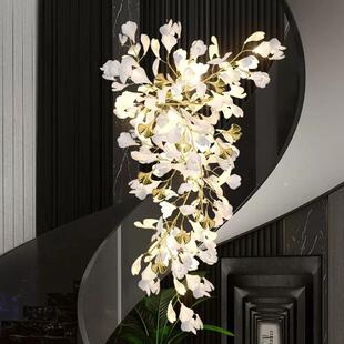 新款别墅挑空客厅吊灯创意loft全铜银杏叶复式楼跃层大灯公寓楼梯