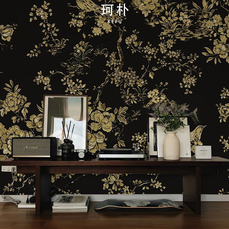 珂朴美式轻奢金色花朵墙布装饰餐厅电视背景墙卧室客厅定制壁画纸图片