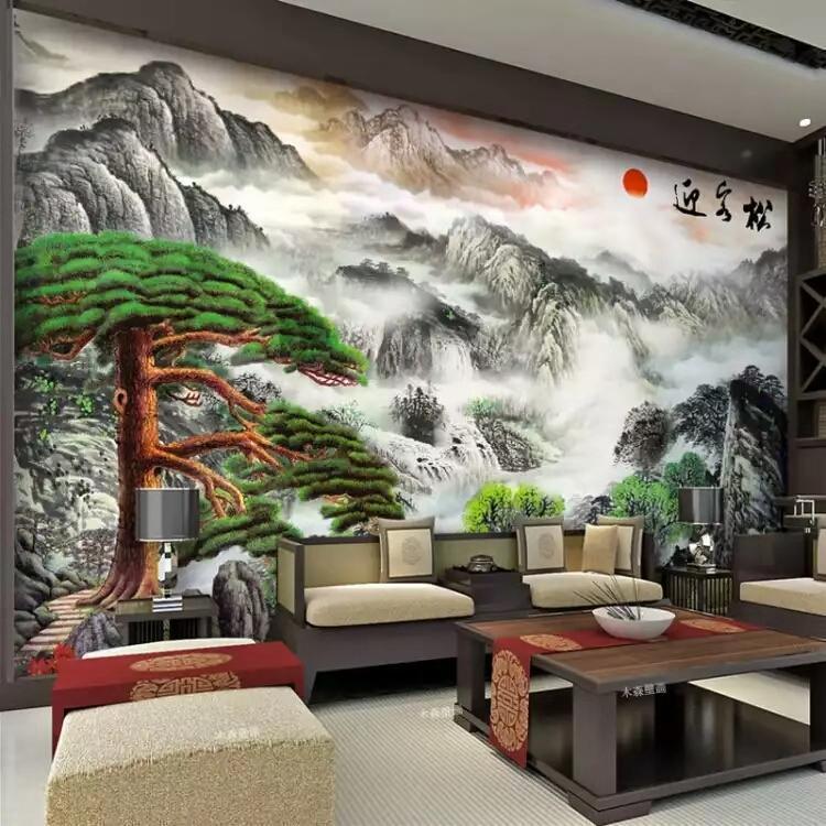瓷砖电视背景墙客厅3D玄关仿玉中式现代简约山水风景国画迎客松