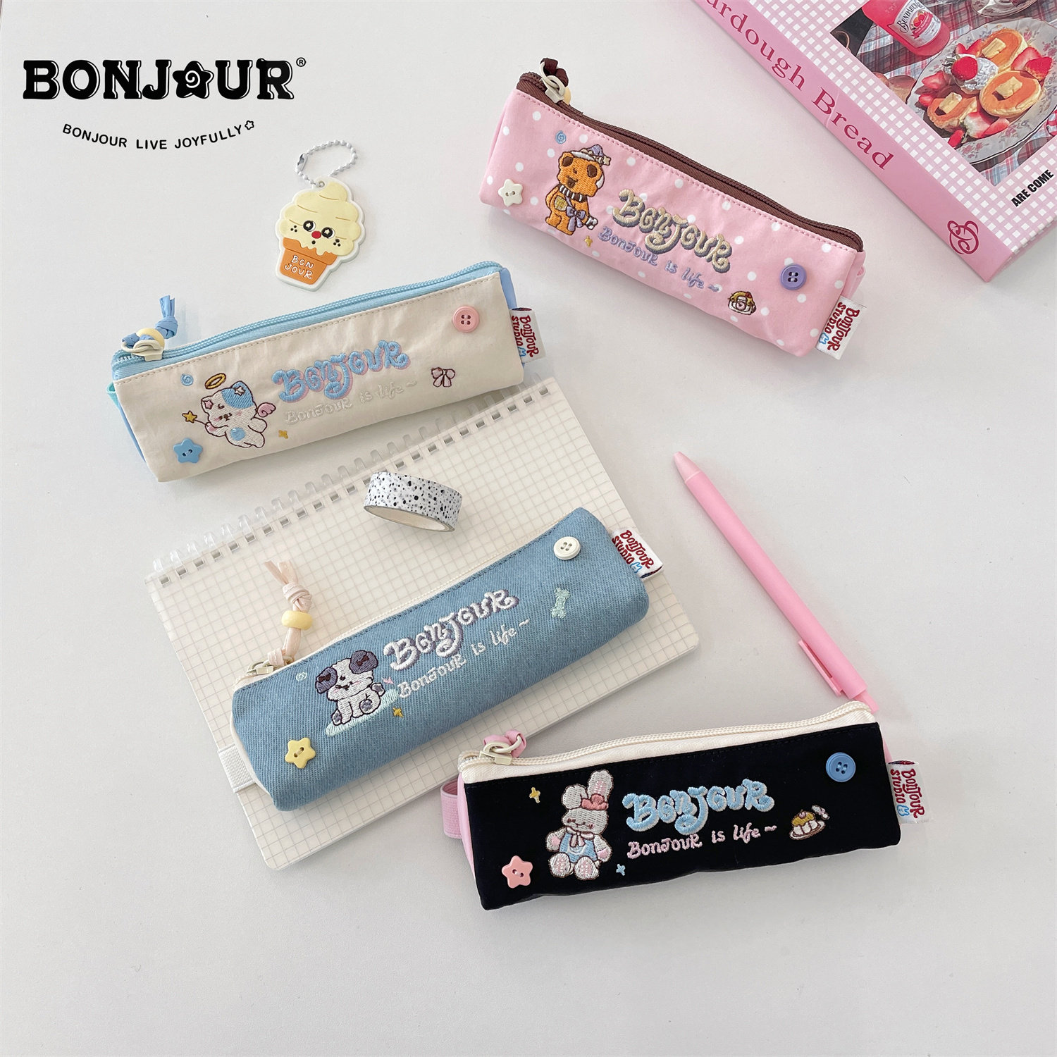Bonjour原创少女心卡通刺绣绑带高颜值学生文具收纳笔袋