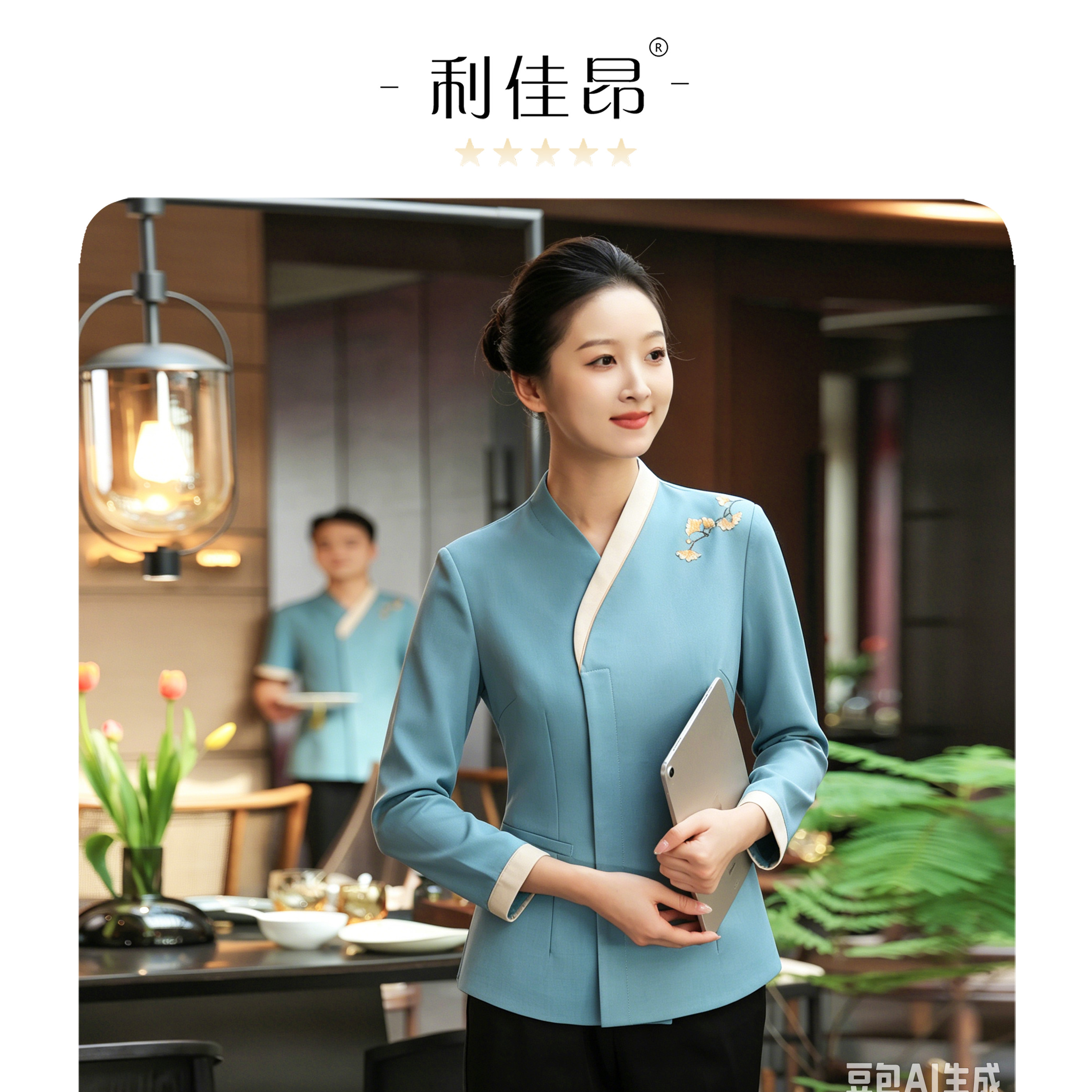 利佳昂新中式高端酒店服务员工作服女浅蓝色立领刺绣制服