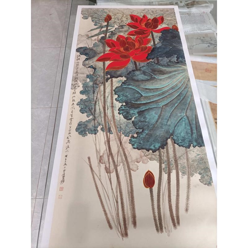 张大千金线荷花宣纸画芯花鸟挂画国画复古名画玄关装饰画高清微喷图片
