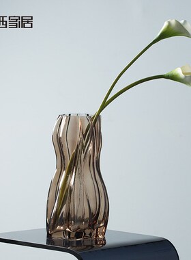博西家居干花插花茶色不规则玻璃花瓶摆件创意家居客厅中式花器